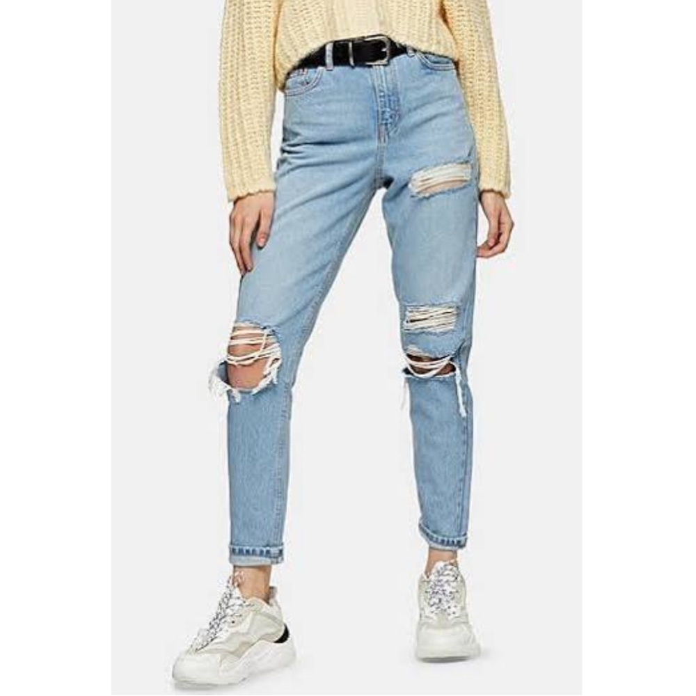 Topshop PETITE Bleach Ripped Mom Tapered Jeans
